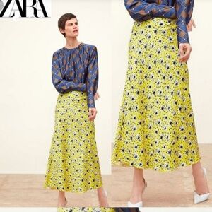 Zara bright yellow skirt with black and white floral design